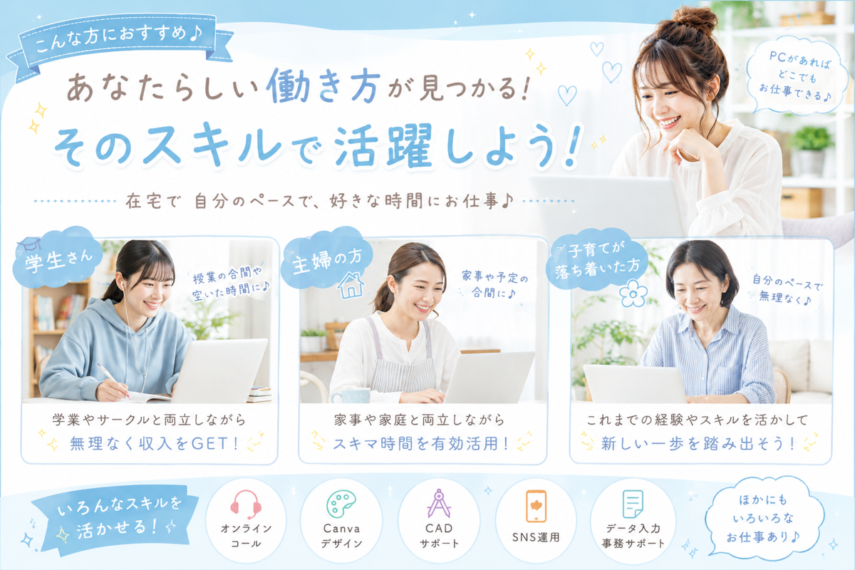 株式会社アプリケーションの業務委託 SNS運用・マーケティング ライティング・編集 データ入力・リサーチ オンライン事務・アシスタント カスタマーサポート デザイン・画像制作 動画制作・編集 EC運営サポート AI活用・デジタル業務 営業・営業アシスタント その他 在宅 副業 平日だけ 土日OK スキマ時間OK 時間・曜日自由の求人情報イメージ5
